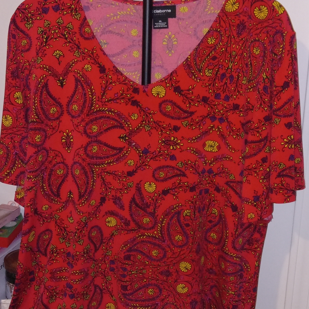Claiborne Red and Yellow Paisley Short Sleeve Top
